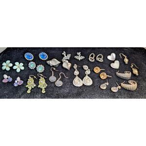 Fourteen Various Pairs of Silver Tone Earrings & One Jacket Pr Jewelry Lot